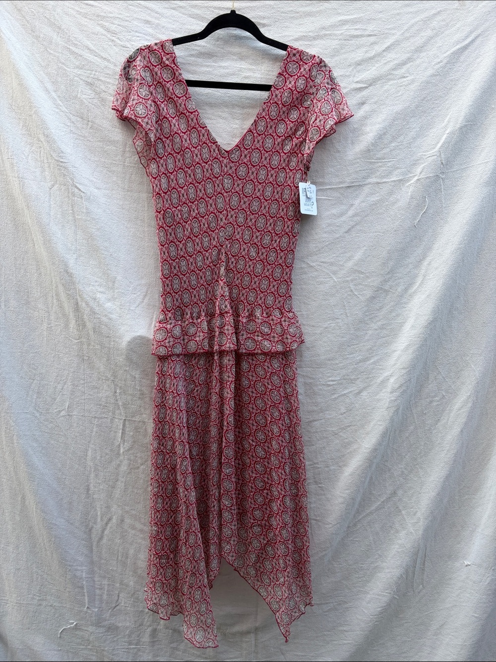1990s Red Printed V-Neck Silk Midi Dress